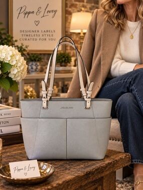 👜 Michael Kors Bedford Medium Pebbled Leather Tote Pearl Grey